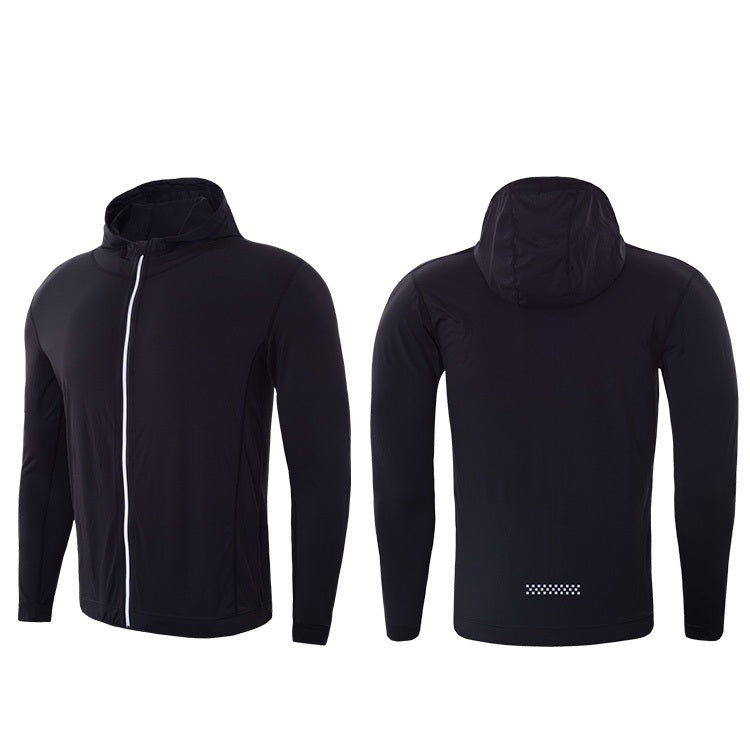 Men's black hooded zip sports coat shown from front and back