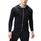 Men's black hooded zip-up sports coat on model, long sleeves and drawstring hood