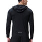 Men's black hooded zip sports coat on model, back view with small logo