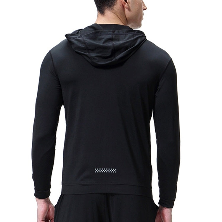 Men's black hooded zip sports coat on model, back view with small logo