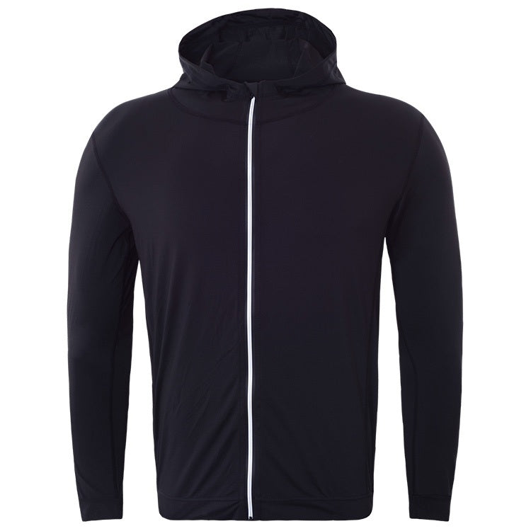 Men's black hooded sports jacket with center zipper and ribbed cuffs
