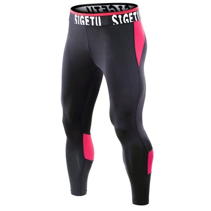 Men's black compression fitness trousers with pink side panels and logo waistband