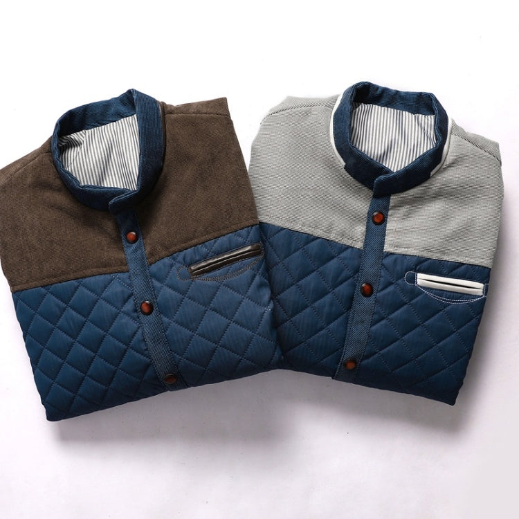Color-block men’s quilted jacket duo: brown-and-navy and gray-and-navy with pockets