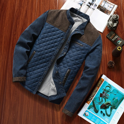 Men's color-block quilted jacket, navy blue with brown collar and button-front pockets
