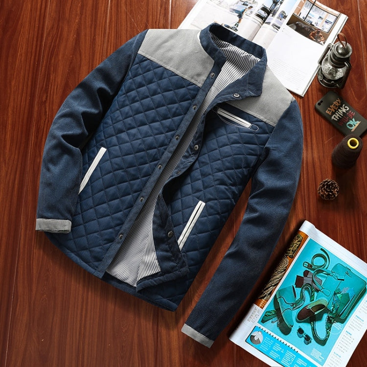 Men's dark blue quilted button-up jacket with gray striped collar and chest pockets