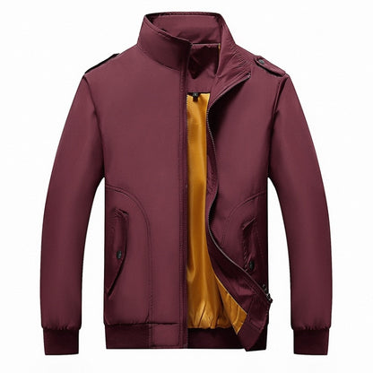 Men's zip-up stand-collar jacket, burgundy with yellow lining and flap pockets.