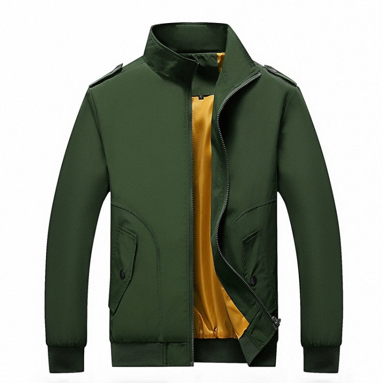 Men’s green zip-up jacket with stand collar, zip pockets, and yellow interior lining