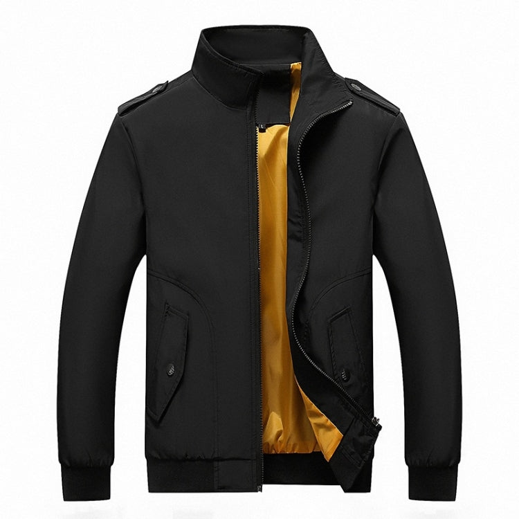 Men's black stand-collar jacket with full-zip front, long sleeves, flap pockets, yellow lining.