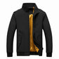 Men's black stand-collar jacket with long sleeves, full-zip front, flap pockets, yellow lining.