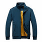 Men's blue stand-collar jacket, long sleeves, full-zip, flap pockets, yellow inner lining.