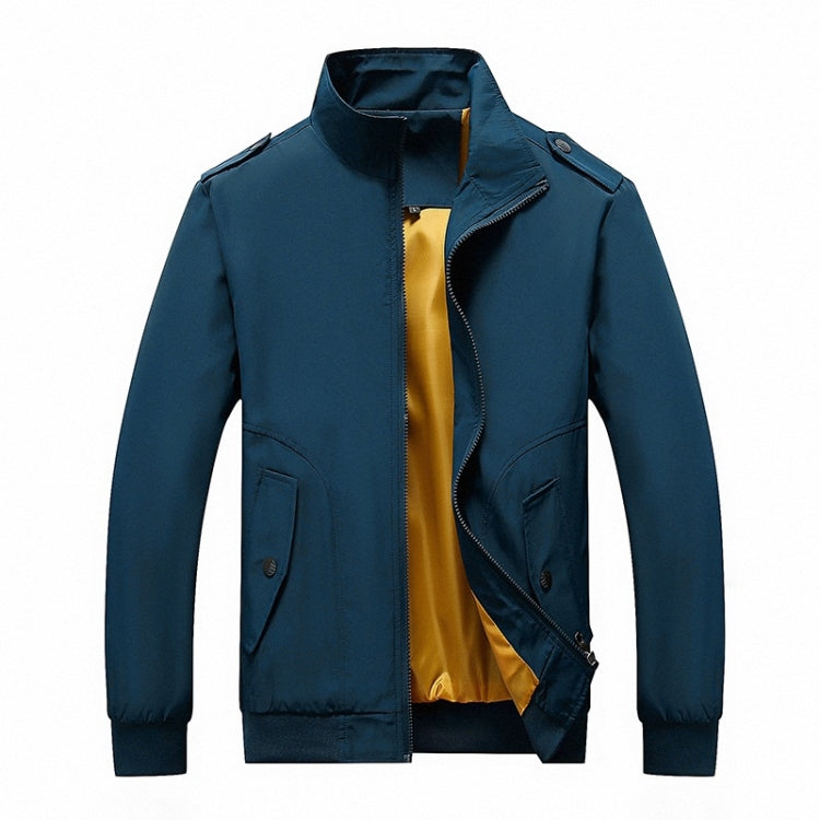 Men's blue stand-collar jacket, long sleeves, full-zip, flap pockets, yellow inner lining.