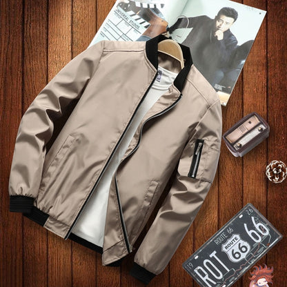 Men's casual fashion jacket, light khaki with black stand collar and zip-front.