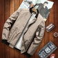 Men's casual fashion jacket in light khaki with black zipper and ribbed cuffs.