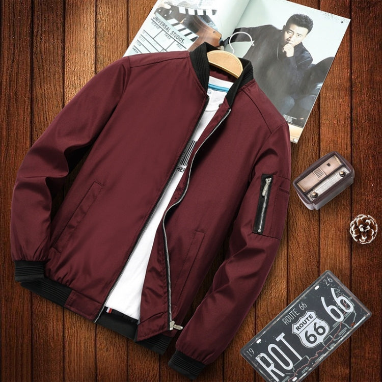 Men's casual jacket, burgundy, zip-front with stand collar and ribbed cuffs.