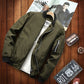Men's olive zip-up jacket with white inner lining, stand collar, and zip side pockets