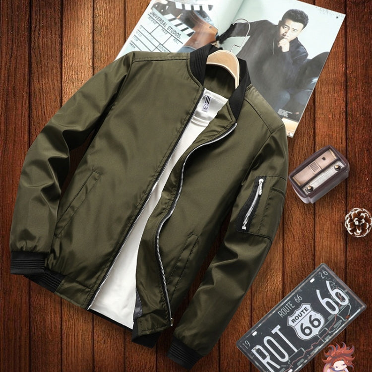 Men's olive green zip-up casual jacket with full zipper, stand collar, and ribbed hem