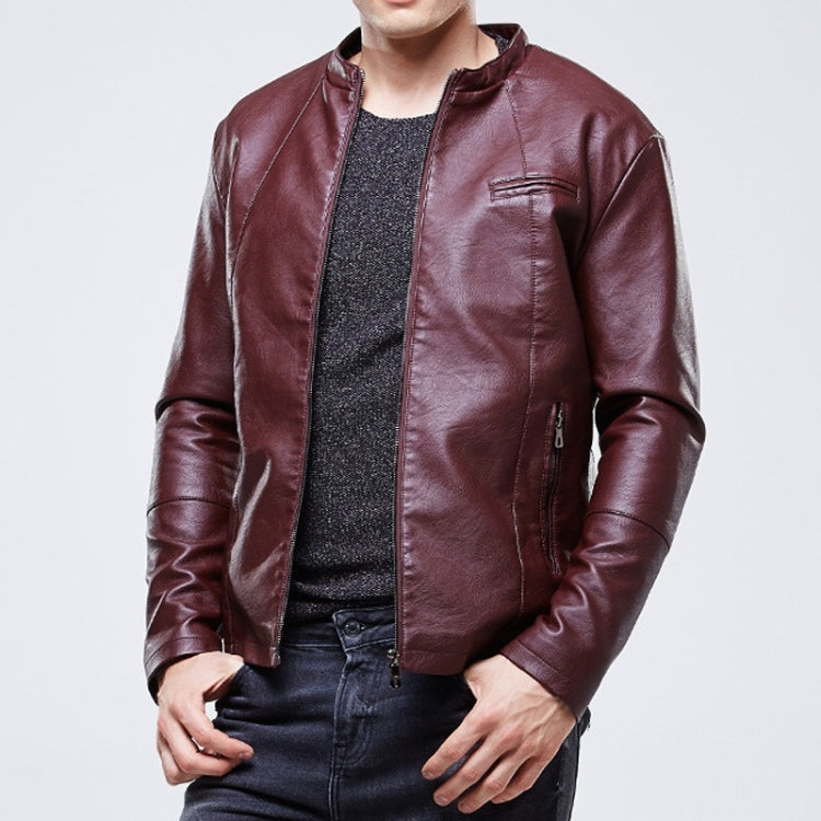 Maroon PU leather jacket on model, zip front, stand collar, chest pocket detail
