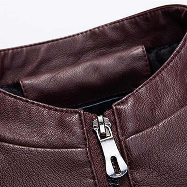 Close-up of maroon PU leather jacket collar and metal zipper with pull tab