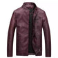 Maroon washed PU leather jacket, stand collar, front zipper, zip chest pocket