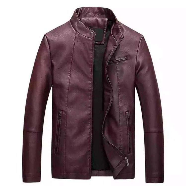 Men's washed PU leather jacket in maroon, stand collar, zip-front, side pockets