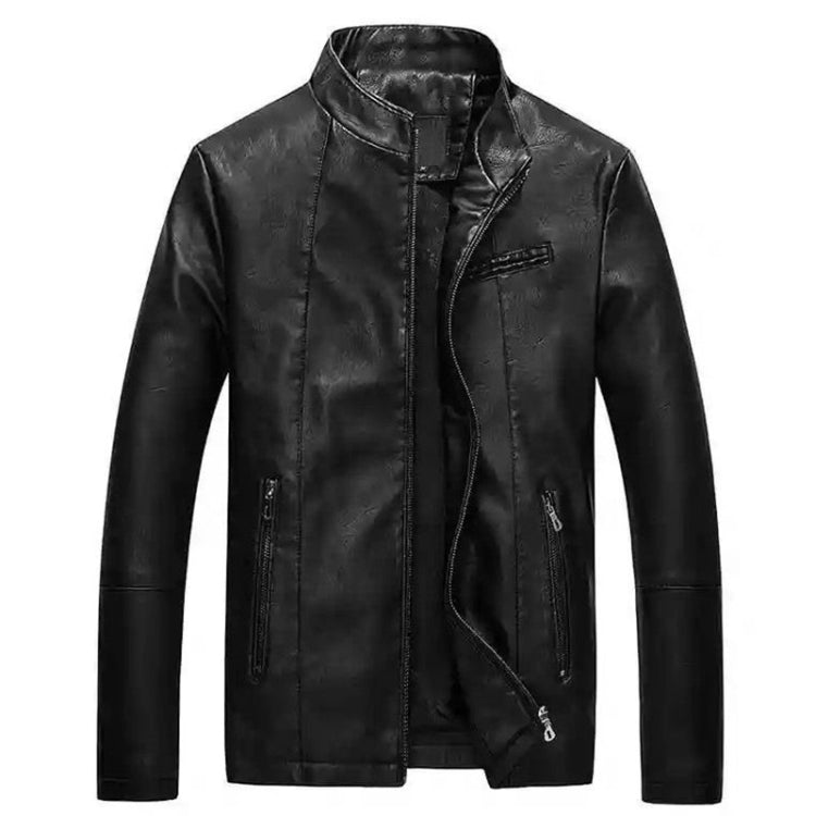 Men's washed PU leather jacket in black, stand collar, zip-front, diagonal zip pocket