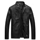 Men's washed PU leather jacket in black, stand collar, zip-front, front flap pockets