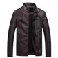 Men's slim-fit dark PU leather jacket with stand collar and front zipper, side zip pockets