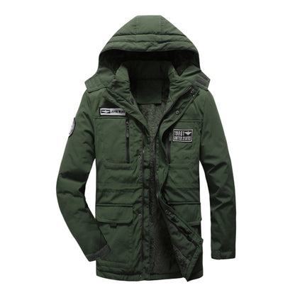 Men's green hooded long-sleeve jacket with front zipper and chest pockets