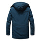 Men's blue hooded long-sleeve jacket with zip front and quilted inner lining