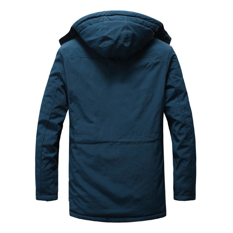 Men's blue hooded long-sleeve jacket with zip front and quilted inner lining