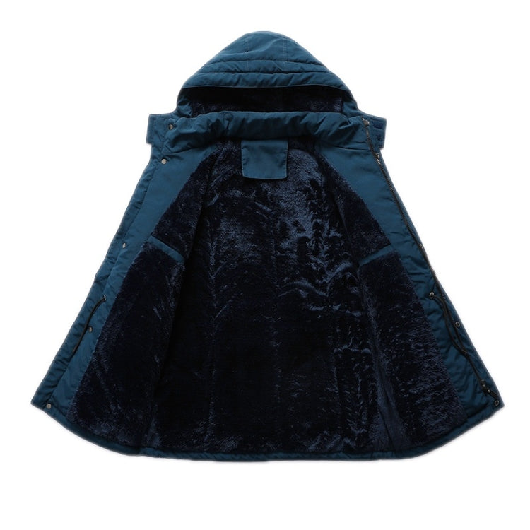 Men's blue hooded jacket with wide back flare and plush black inner lining