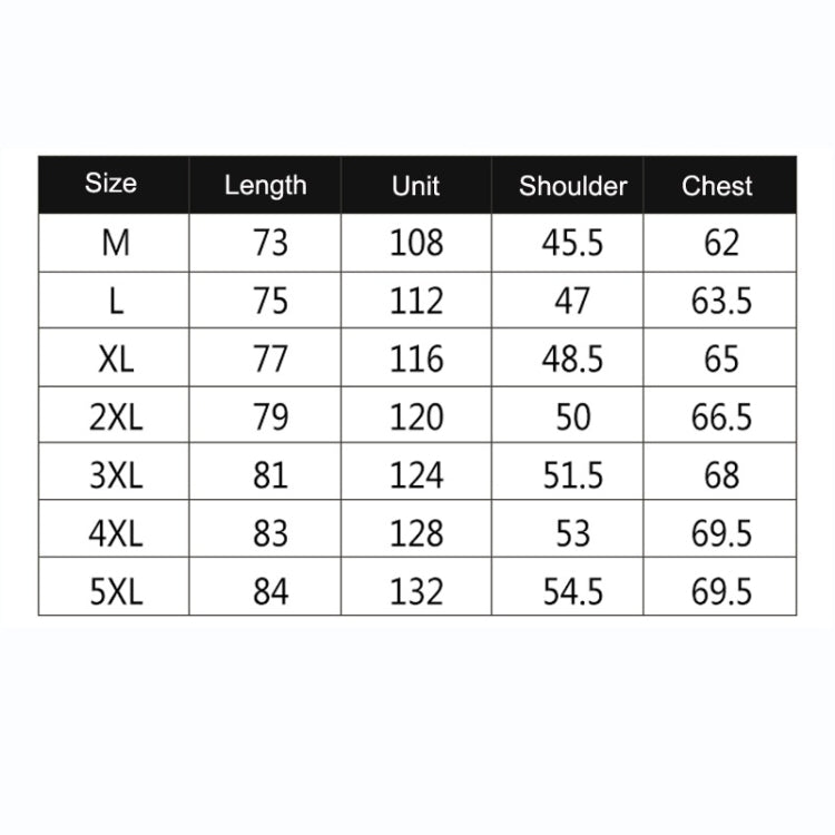 Size chart table for men’s jacket: M to 5XL with length, shoulder, and chest
