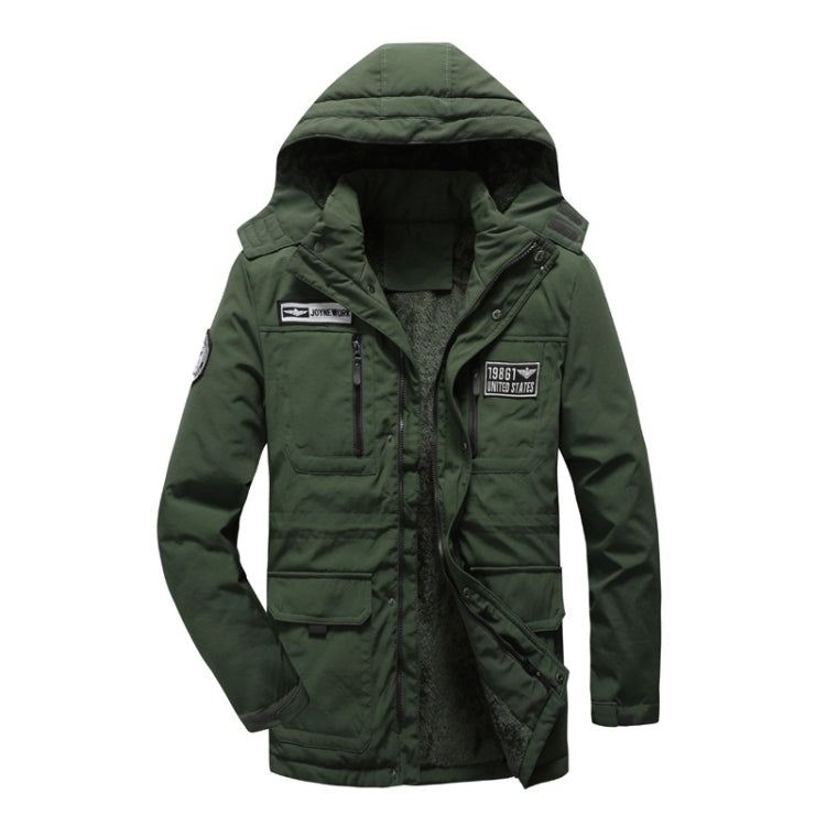Army green hooded insulated winter jacket with front zipper, pockets, and chest patch