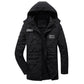 Black padded parka jacket with adjustable hood, front zipper, and utility side pockets