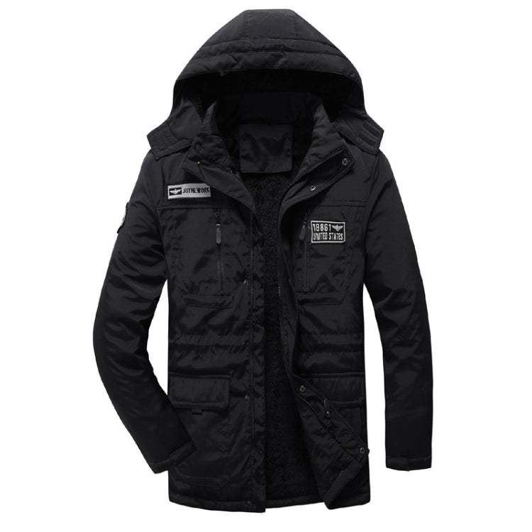 Black padded parka jacket with adjustable hood, front zipper, and utility side pockets