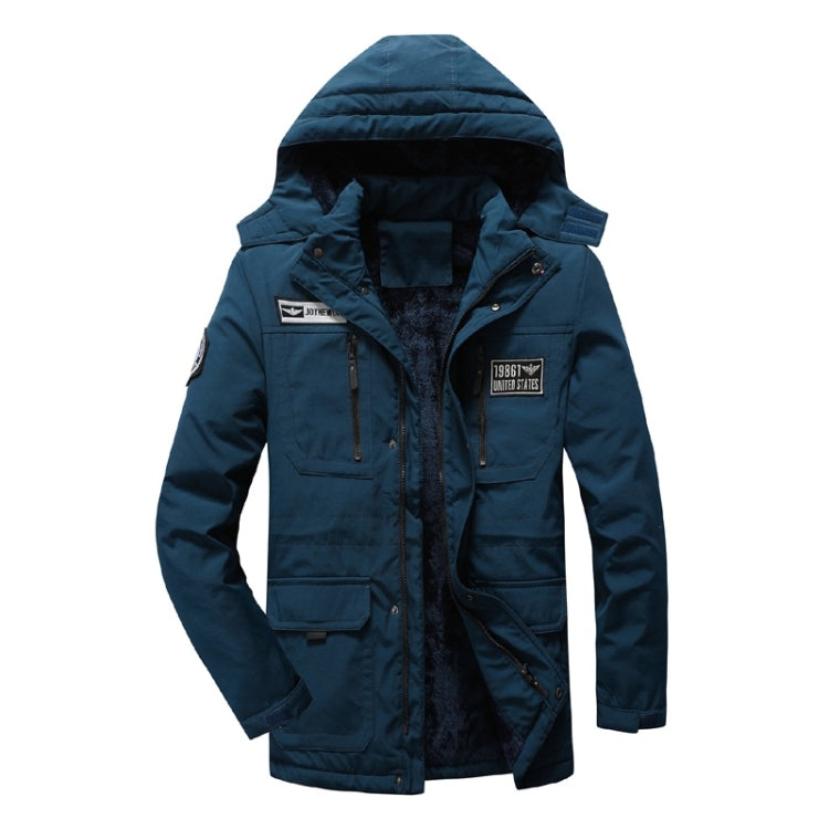 Men's long hooded parka jacket in blue with multiple pockets and quilted hood lining