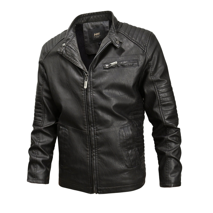 Men's black leather jacket with stand collar, zipper front, and chest pocket