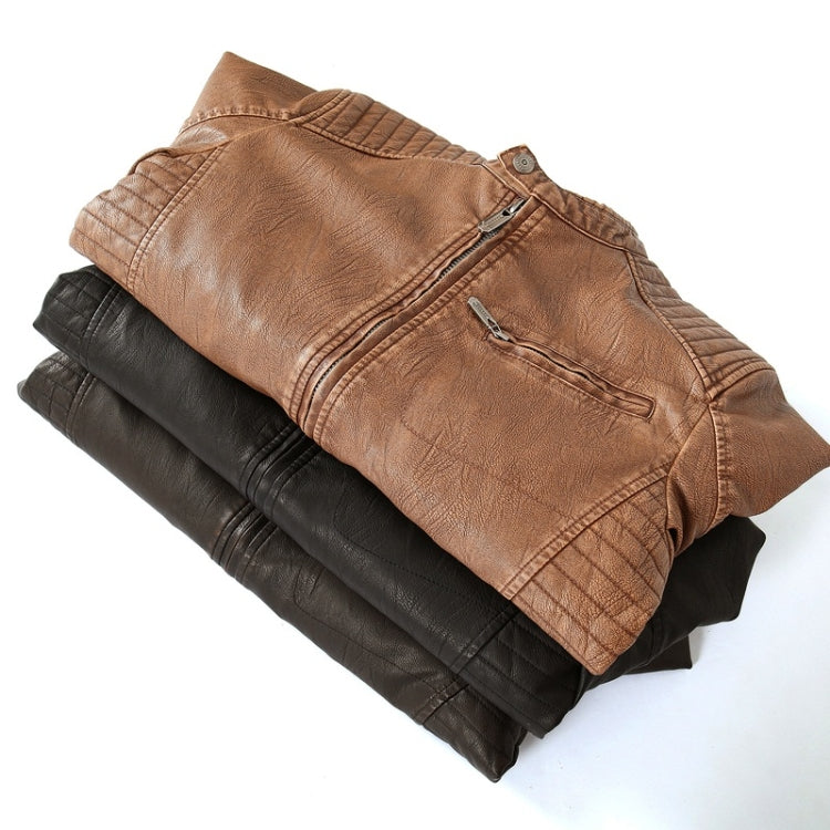 Men's leather jackets stack: tan and black with zipper fronts and stand collars