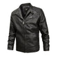 Men's black leather jacket, full-zip front with stand collar and chest flap pocket.
