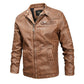 Men's brown leather jacket with zip front, stand collar, and chest flap pocket.