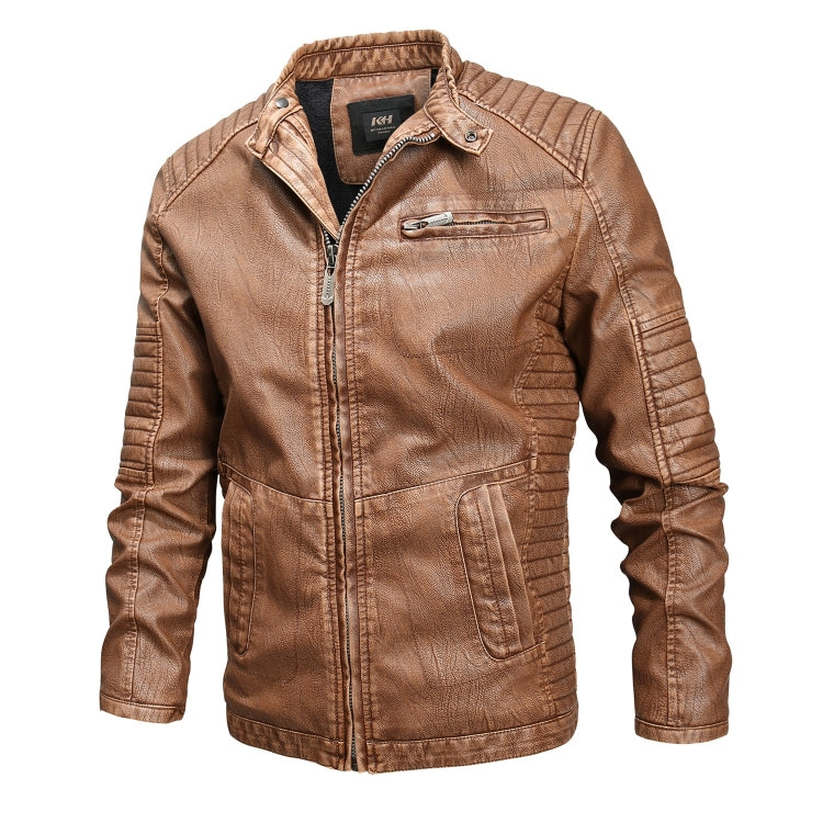 Men's brown leather jacket with stand collar, zip front, and long sleeves with cuffs.