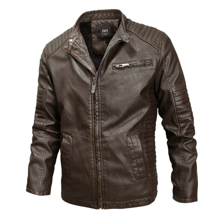 Men's dark brown leather jacket with zip front, stand collar, and chest flap pocket.