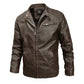 Men's dark brown leather jacket featuring stand collar, zip front, and chest zipper pocket