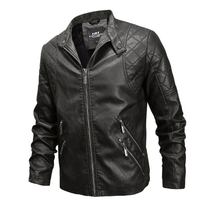 Men's black leather jacket with quilted shoulders, front zipper, and slant zip pocket