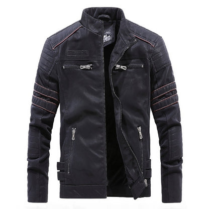 Men's black leather jacket with zip front, stand collar, and multiple chest pockets