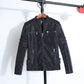Men's black leather jacket on hanger with zip front and striped detail along sleeves