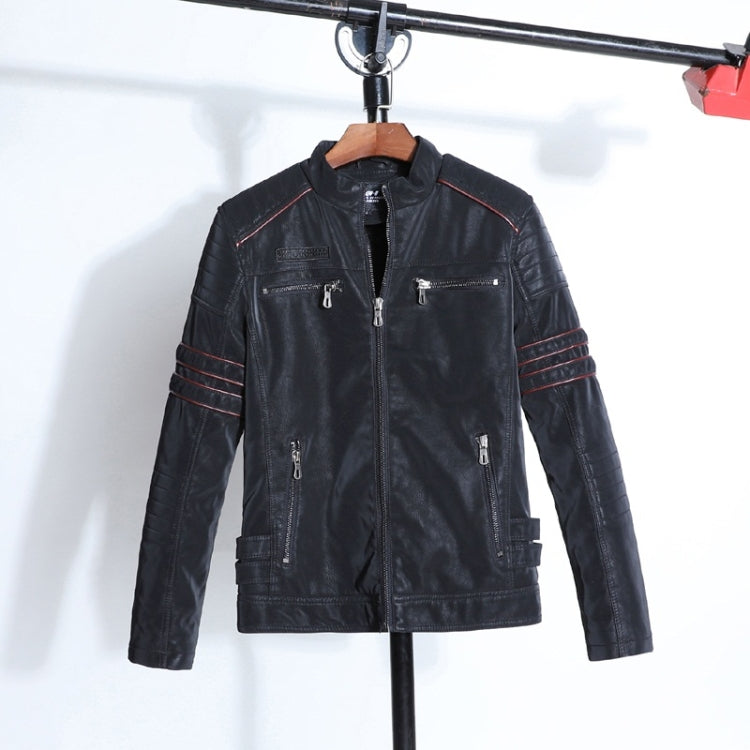 Men's black leather jacket on hanger with zip front and striped detail along sleeves