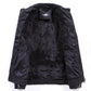 Men's black leather jacket interior lining with open hem and adjustable cuff straps