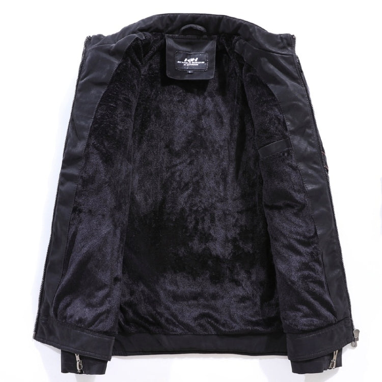 Men's black leather jacket interior lining with open hem and adjustable cuff straps