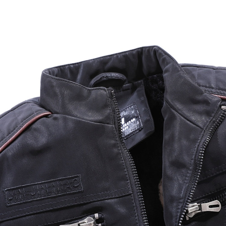 Men's black leather jacket close-up of collar label and front zipper placket